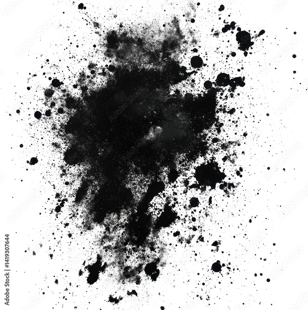 Black spray paint texture with soft diffusion creating abstract patterns on a white background