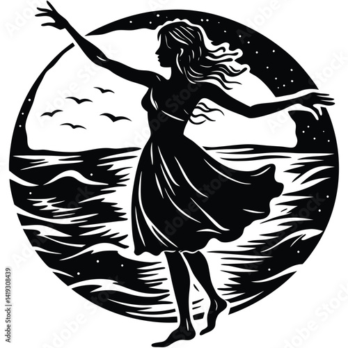 Silhouette of Woman Dancing on Beach Under Moonlit Sky | Vector Illustration of Freedom & Joy | Black & White Art Print