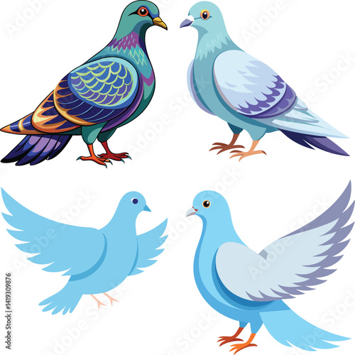 Myna and dove vector birds icon set
