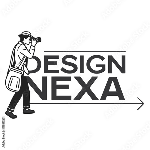 Minimalist logo design, photographer silhouette, camera lens, typography, modern branding, black and white, clean lines, arrow symbol, creative agency concept, graphic design, professional imagery, bo