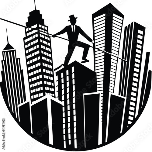 Silhouette Cityscape: High-Wire Walker Balancing Between Skyscrapers - Black and White Vector Illustration of Urban Risk