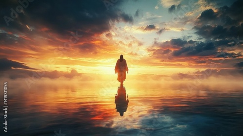 The figure of Jesus walks on water on a beautiful dramatic sunset background, easter, generative ai