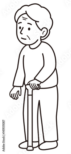 左手で杖をついている左利きのおばあさんのモノクロ線画ベクターイラスト(A monochrome line vector illustration of a left-handed elderly woman holding a cane in her left hand)