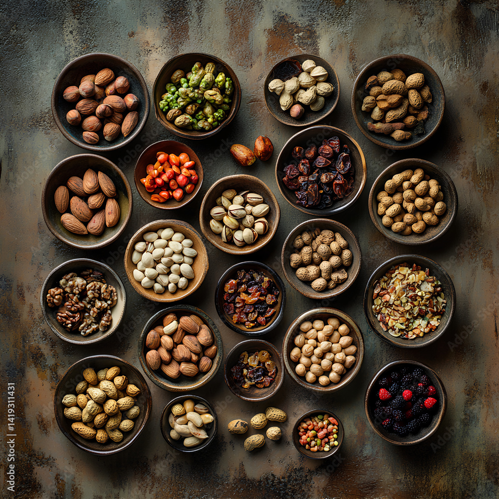 Assorted Mixed Nuts and Dried Fruits in Rustic Bowls Assorted Mixed Nuts and Dried Fruits in Rustic Bowls