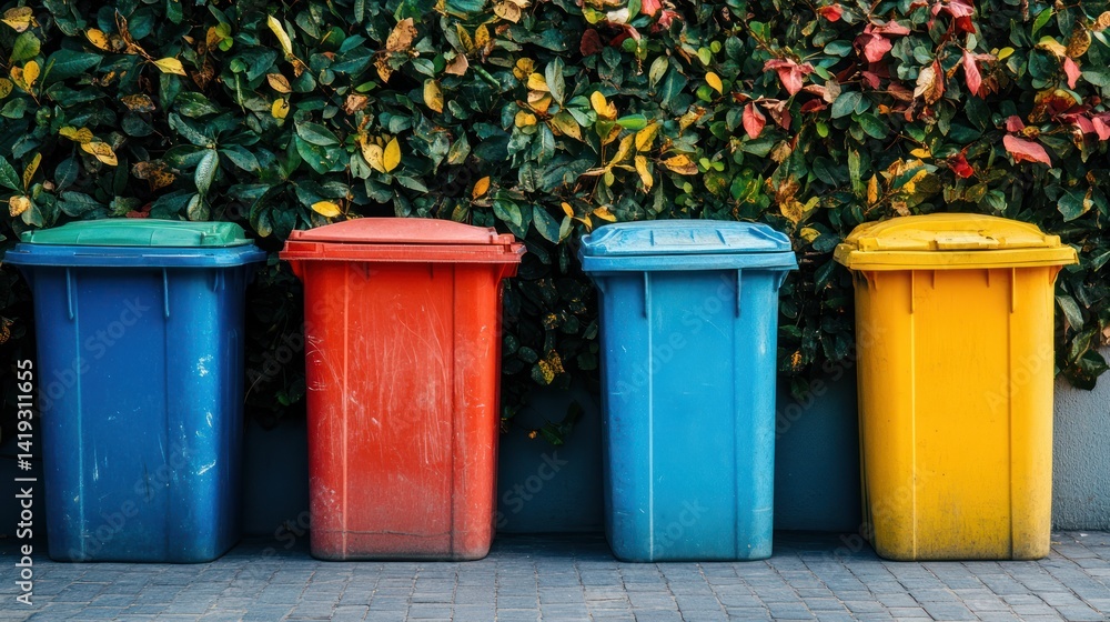 Four color-coded recycling bins stand beside a vibrant hedge. Four color-coded recycling bins stand beside a vibrant hedge.