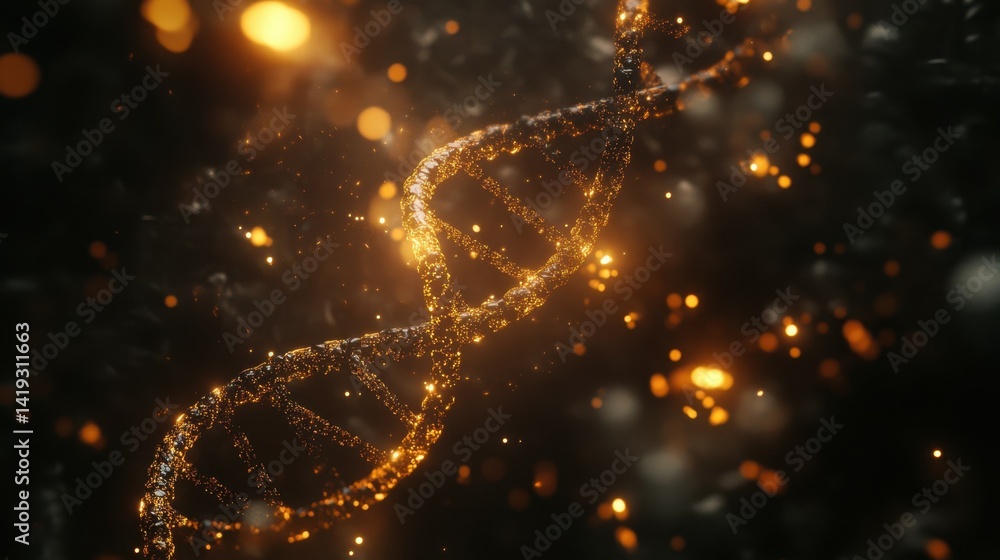 This digital illustration depicts a DNA double helix with glowing particles to represent the progress of genetic science and biotechnology. This digital illustration depicts a DNA double helix with glowing particles to represent the progress of genetic science and biotechnology.