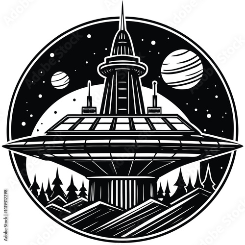 Retro Space Station Logo Design: Sci-Fi Building, Planets, Trees, Black and White Vector Illustration, Vintage Style Emblem