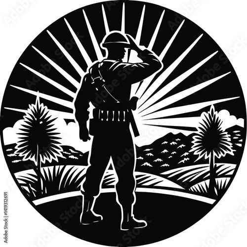 Silhouette of Soldier Saluting in Landscape: Patriotic Vector Illustration of Military Heroism and Remembrance for Memorial Day
