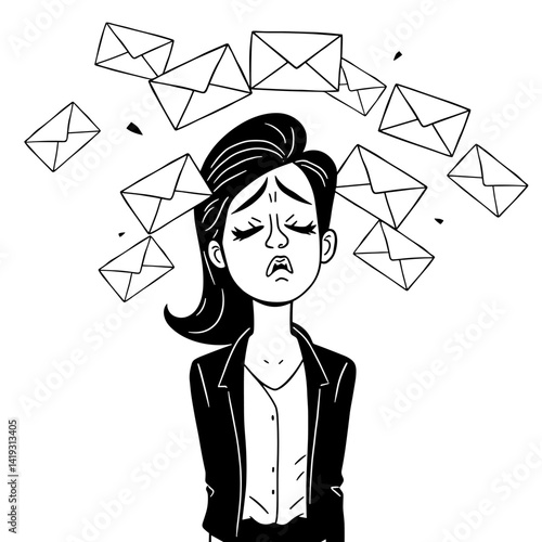 Stressed woman overwhelmed by many email messages, black-and-white style.