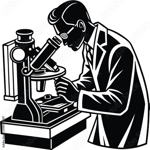 Scientist Using Microscope Vector Illustration: Black and White Clip Art of Researcher in Lab Coat Examining Sample for Scientific Study
