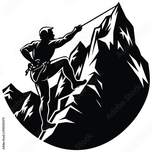 Mountain Climber Silhouette Vector: Rock Climbing Illustration, Adventure Sport Graphic, Outdoor Challenge, Peak Ascent Design