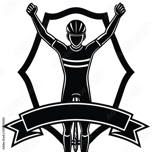 Cyclist Victory Graphic: Black and White Vector Illustration of Biker Celebrating Win in Cycling Race, Sports Achievement Design