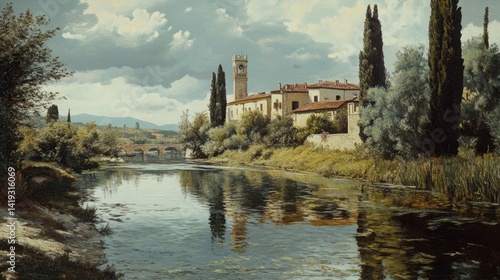 Tuscany in 1900. A peaceful river with city landmarks