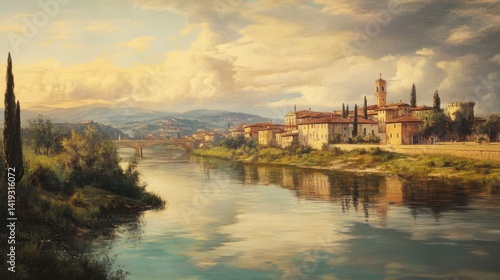 Tuscany in 1900. A peaceful river with city landmarks -
