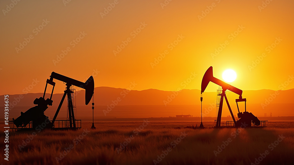 Naklejka premium Oil Pumps in Field at Sunset