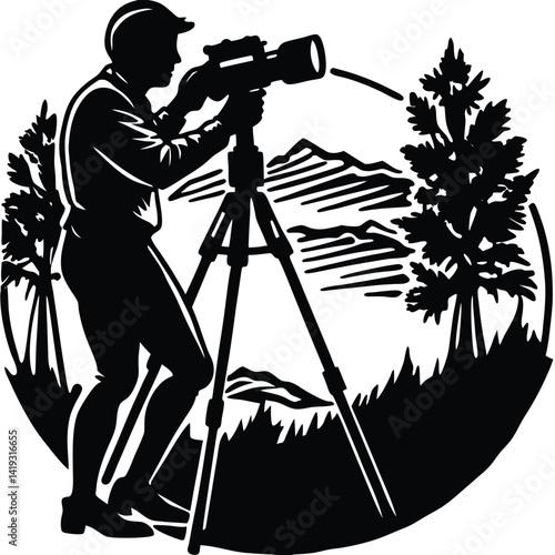 Photographer Silhouette Landscape Photography Tripod Mountains Scenic Nature Black and White Vector Graphic Illustration