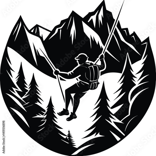 Mountain Zipline Adventure: Black and White Vector Illustration of a Hiker Ziplining Through a Mountain Forest Landscape