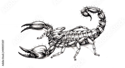 Detailed scorpion illustration black and white tattoo design