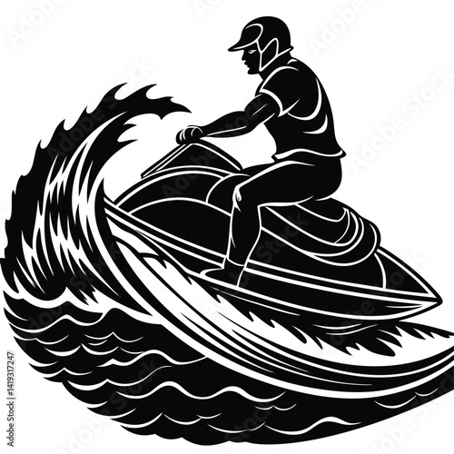 Black and White Vector Illustration of a Man Riding a Jet Ski on a Wave | Water Sports Graphic | Personal Watercraft Icon