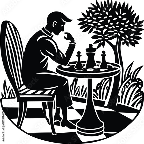 Chess Player Deep in Thought: Black and White Woodcut Illustration of a Man Contemplating a Chessboard Outdoors Under a Tree