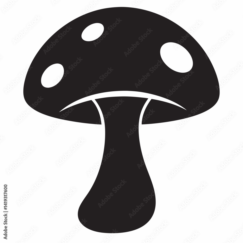 Black and white toadstool mushroom silhouette with spots for graphics design Black and white toadstool mushroom silhouette with spots for graphics design