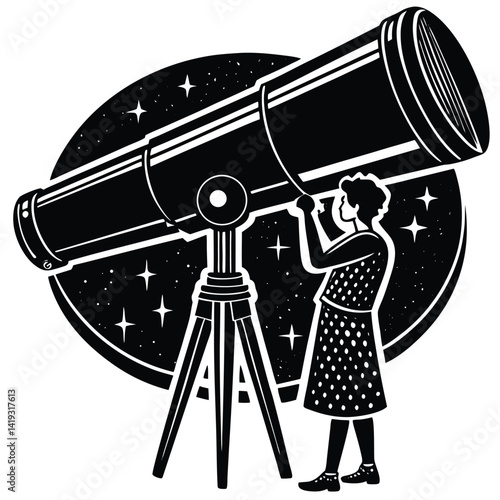 Girl Stargazing with Telescope Vector Art: Astronomy, Exploration, Science, Night Sky, Stars, Black and White Illustration