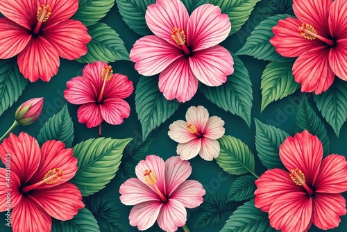 Wallpaper Mural Bold blooming hibiscus, tropical seamless design, tropical, orange, seamless Torontodigital.ca