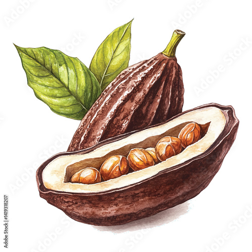 Watercolor botanical illustration of cocoa pods, including opened and cross-section views, showing interior details. Ideal for educational, agricultural, and artistic use.