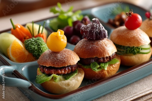 Mini Burgers Topped with Fruit and Fresh Vegetables Served on a Platter for Healthy Kids' Meals