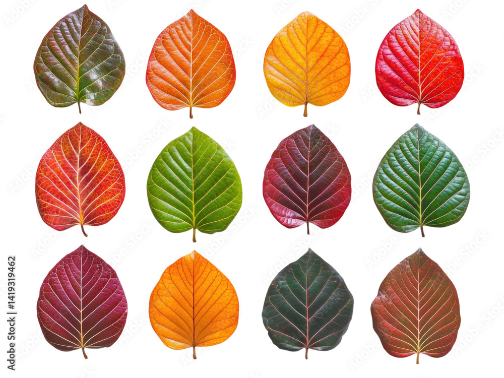 Obraz premium A Stunning Collection of Autumn Leaves: Vibrant Hues and Intricate Veins of Twelve Unique Foliage Specimens
