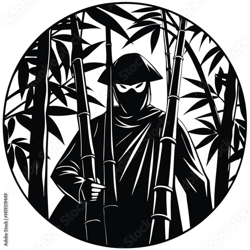 Ninja Warrior in Bamboo Forest: Black and White Vector Illustration of Stealthy Assassin with Asian Conical Hat
