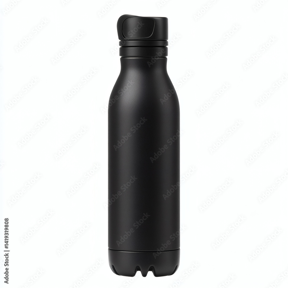 Matte Black Stainless Steel Water Bottle: Eco-Friendly Reusable Hydration Container on White Background Matte Black Stainless Steel Water Bottle: Eco-Friendly Reusable Hydration Container on White Background
