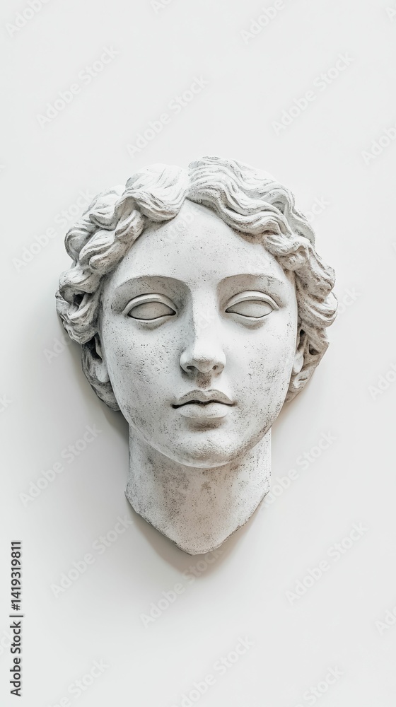 White stone head, serene expression, classical style. White stone head, serene expression, classical style.