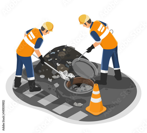 Two utility workers in safety gear performing sewer maintenance by clearing debris from an open manhole on a city street isometric