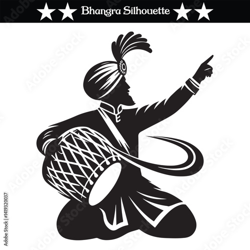 A vector silhouette of bhangra dance. Punjabi cultural dance.