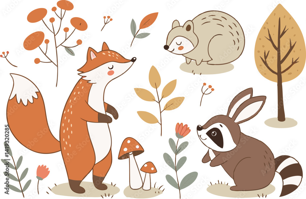 Naklejka premium Whimsical Woodland Animals Clipart Set for Nursery and Crafts. Forest Animal Clipart Bundle with Fox Deer and Bear. Hand Drawn Woodland Creatures Clipart for Kids Décor