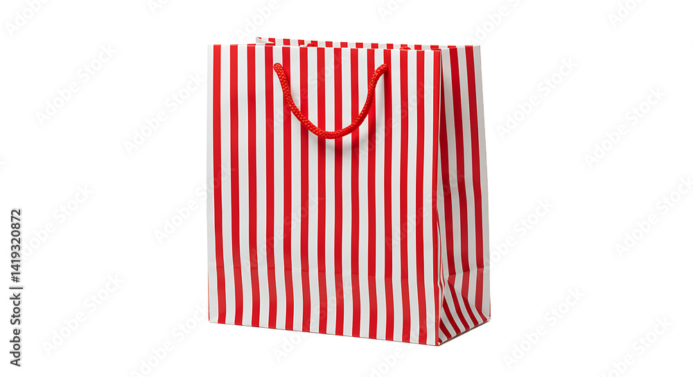 Obraz premium A red and white striped shopping bag with red rope handles on a black background in a studio shot
