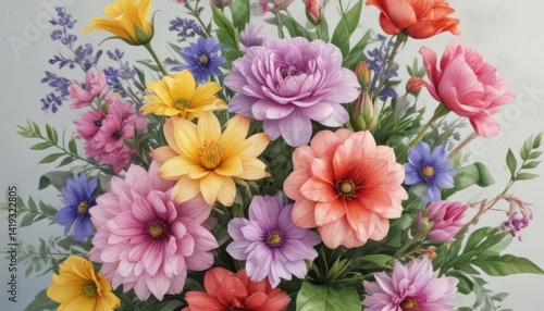 Vibrant spring bouquet, watercolor painted flowers, realistic style,  colorful,  vibrant