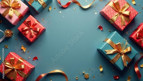 Elegant gift box pattern, gold ribbon accents, wrapping, holiday