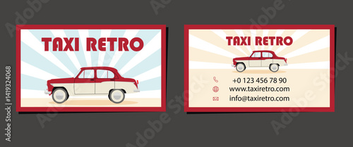 A professionally designed retro taxi business card featuring a classic vintage car illustration. The vibrant design includes contact details and a striking red-and-beige color scheme.