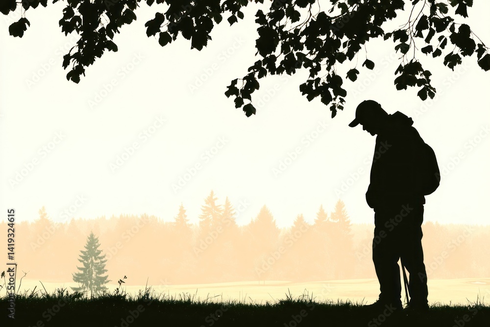 Backpacker pausing beneath tree branches, grassy field, hazy forest backdrop at sunrise Backpacker pausing beneath tree branches, grassy field, hazy forest backdrop at sunrise