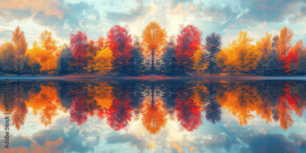 Stunning autumn landscape with vibrant trees reflecting in calm lake water. Stunning autumn landscape with vibrant trees reflecting in calm lake water.