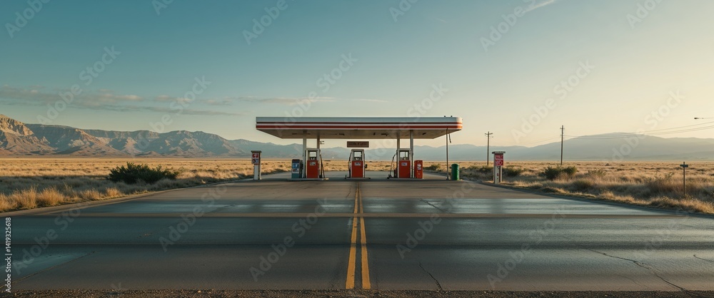 Antique gas station on lonely road wide angle panoramic view horizontal symmetric background. Antique gas station on lonely road wide angle panoramic view horizontal symmetric background.