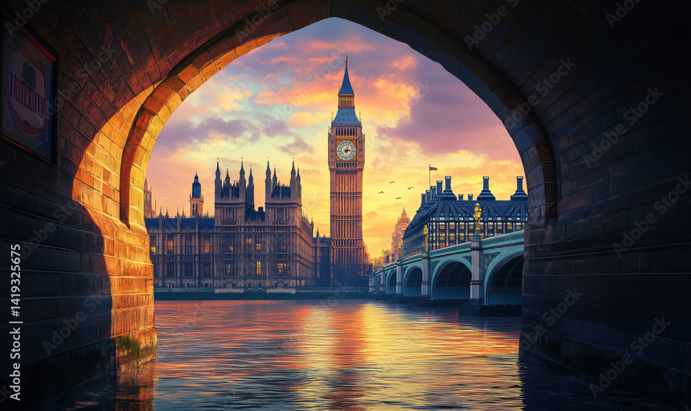 Naklejka premium Big Ben and Houses of Parliament at Sunset Viewed from Under Bridge in London.