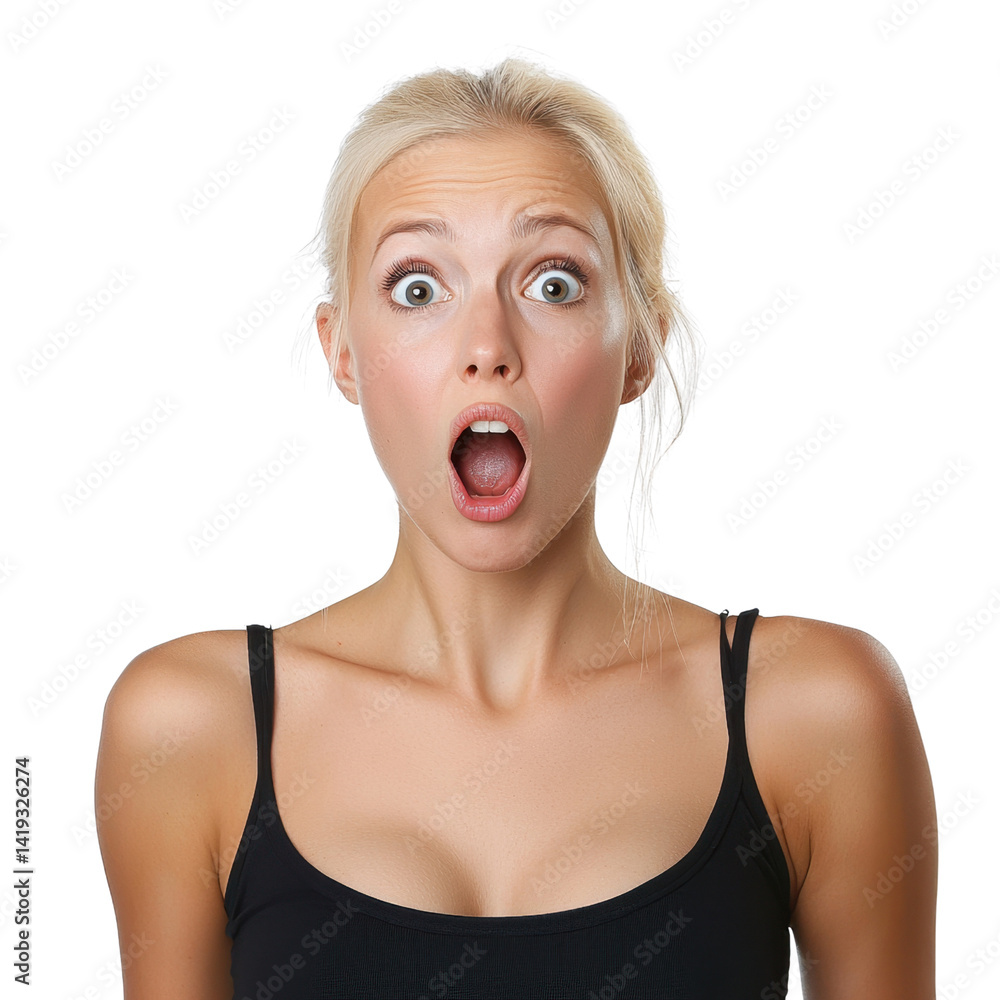 Surprised Woman with Open Mouth and Wide Eyes in Studio Lighting Surprised Woman with Open Mouth and Wide Eyes in Studio Lighting