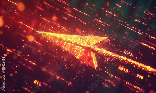 Futuristic glowing arrow piercing through digital binary code background.