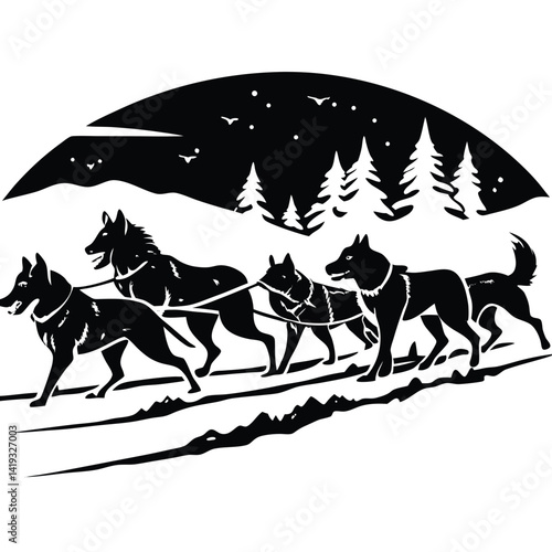 Black and White Sled Dog Team Silhouette: Winter Scene with Huskies, Trees, and Snowy Landscape Vector Illustration