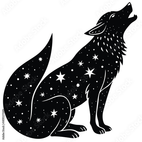 Howling Wolf Silhouette Art: Celestial Star Pattern Design, Black and White Vector Illustration, Night Sky Animal Graphic