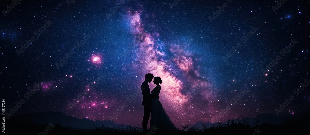 Obraz premium Couple embracing under starry night sky, romantic wedding