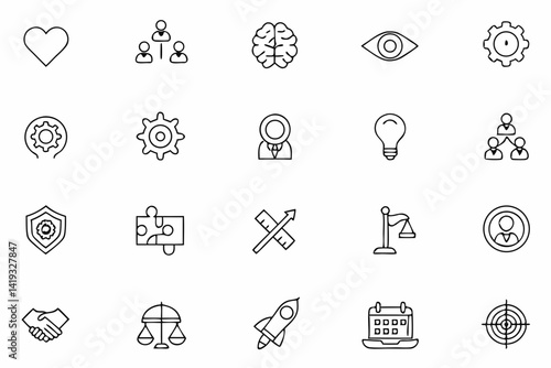 Core Values Icons – Minimal Navy Blue Line Art Set on White Background

